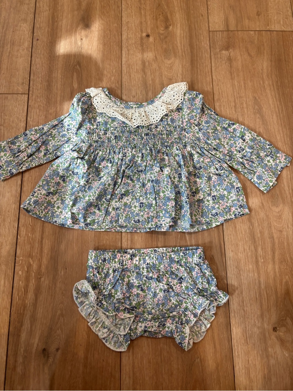 9M Southern Smocked Company Floral Smocked Two-Piece Baby Set with Eyelet Collar
